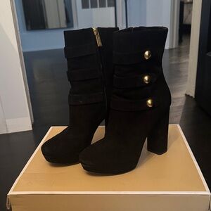 MICHAEL Michael Kors Black Heeled Suede Boots with Gold Buttons